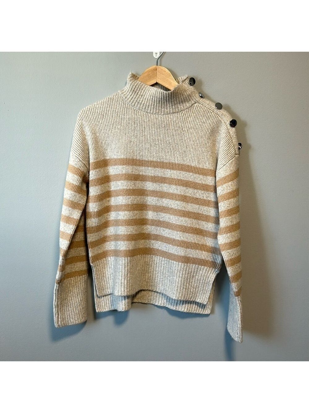Sincerely Jules Mock Neck Striped Minimalist Casual Neutral Sweater Small